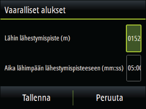 AIS-asetukset Vaarallisten alusten määrittäminen Aluksen ympärille voi määrittää näkymättömän hälytysalueen.