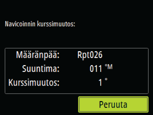 Käännös NAV-tilassa Kun alus saavuttaa reittipisteen, autopilotti antaa äänihälytyksen ja näyttää näytössä valintaikkunan, jossa on uuden reitin tiedot.