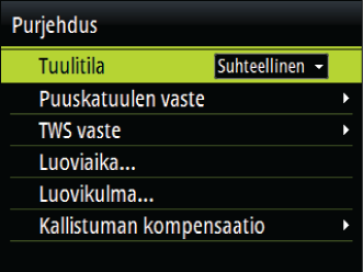 automaattitiloissa, asteina keskilaiva-asennosta. Peräsimen rajat -asetus on aktiivinen vain automaattiohjauksessa suorassa kurssissa, EI kurssin muutosten aikana.