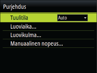Tuulitila: Valitse, mitä tuulitoimintoa autopilotti käyttää ollessaan tuulitilassa - Automaattinen: Jos todellinen tuulikulma (TWA) on <70º: tuulitila käyttää toimintoa suhteellisen tuulen kulma