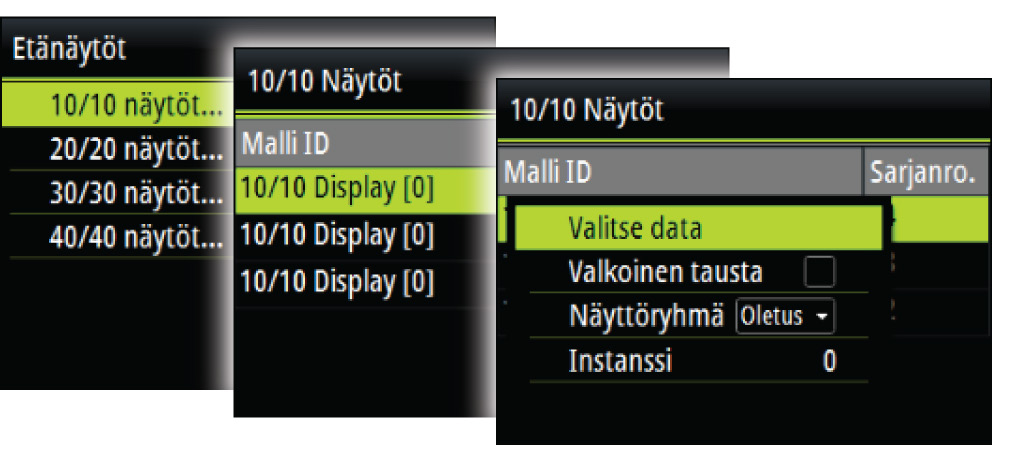 Valitse data: käytetään määrittämään, mitkä tiedot näytetään valitussa HV-näytössä Valkoinen tausta: asettaa taustavalon valkoiseksi Ú Huomautus: tämä vaihtoehto ei ole käytettävissä 40/40 HV -