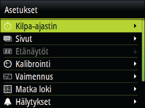 10 Valikon vuokaavio Järjestelmässä on kaksi valikkoluokkaa: Sivu-valikot ja Asetuksetvalikko. Kullakin sivulla on Sivu-valikko, joka avataan painamalla MENUpainiketta kerran.