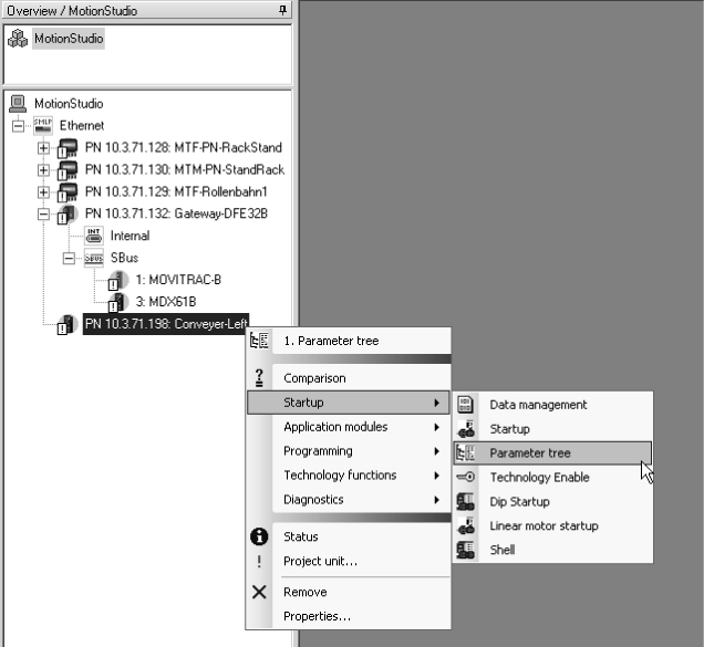 MOVITOOLS MotionStudio Ethernetin kautta Toimenpiteet laitteiden konfiguroimista varten 9 Vaihe 3: Verkoston skannaaminen (laiteskannaus) Vaihe 4: Laitteiden konfiguroiminen työkaluja käyttämällä