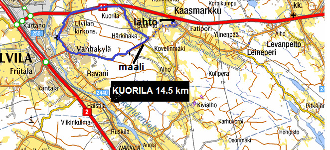 4. KILPAILUREITIT Etappi 1 PROLOGI, kilpailureitti 1,7km: Prologin lähtö on noin 1km päässä Kaasmarkun koululta Kaasmarkuntien ja Suolistontien risteyksessä. Lähtöpaikan luona ei ole pysäköintitilaa.