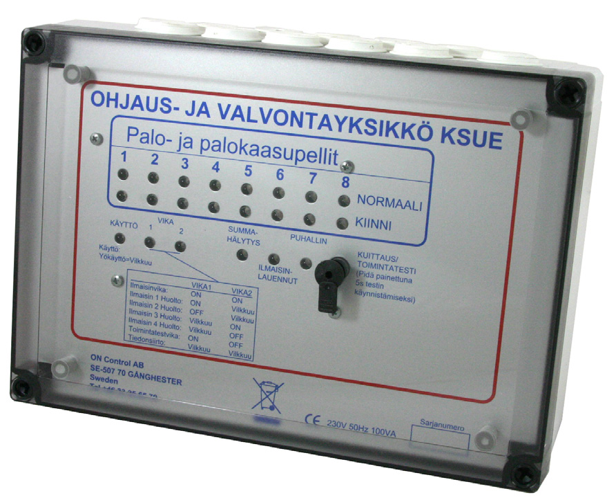 KSUE OHJAUS- JA VALVONTAYKSIKKÖ Voimassa valmistusviikosta 1/201 lähtien Kuvaus KSUE on ohjaus- ja valvontayksikkö, jolla voidaan ohjata erilaisia palo- tai palokaasupeltejä.
