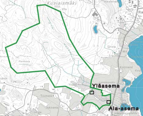 KUVA 2. Tarvaalan valuma-alue, automaattisten mittausasemien sijainti valtaojassa sekä mittausasemien väliin jäävä tutkimusalue (vihreän katkoviivan rajaama valumaalueen kaakkoisnurkka).