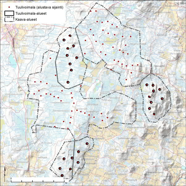 12.2.2015 42 (103) Kuva 23. Tuulivoimaloiden alustavat sijainnit hankevaihtoehdossa 1 Hankealueen pohjoisosaan rakennetaan uusi sähköasema parannettavan 110 kv voimalinjan yhteyteen.