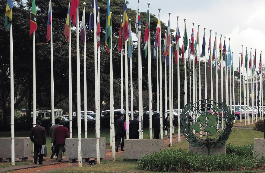 K e h i t y s y h t e i s t y ö l l ä t u l o k s i i n YK:n jäsenmaiden lippurivistöä Nairobissa. Kuva: Matti Nummelin.