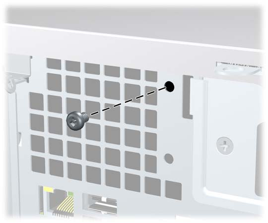 6. Poista Smart Cover FailSafe -avaimella turvaruuvi, joka kiinnittää Smart Cover -lukon runkoon. Kuva 2-1 Smart Cover -lukon ruuvin poistaminen Voit nyt poistaa tietokoneen huoltopaneelin.