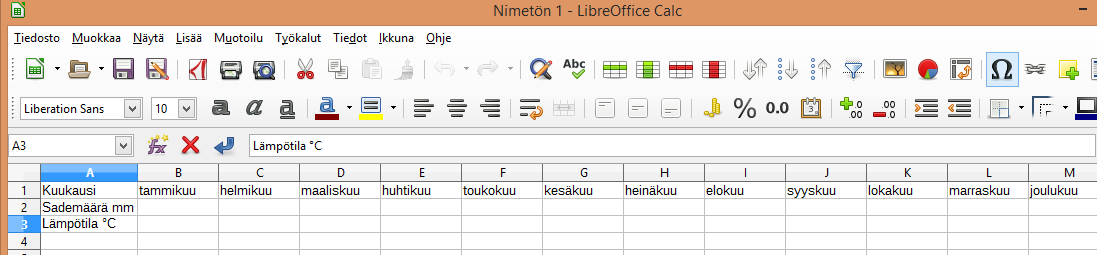 Avaa ensin Libre Office Calc tietokoneeltasi. Syötä avautuneeseen taulukkoon tehtävää varten otsikot seuraavasti: Astemerkki ( ) löytyy tästä valikosta! HUOM!