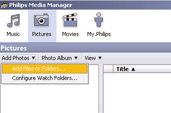 Tiedostojen lisääminen Philips Media Manager (PMM) & Valitse PMM Windows Start menusta tai kaksoisnäpäytä PMM symbolia tehtäväpalkilla. é Näpäytä Music, Pictures tai Movies PMM ikkunan yläreunassa.