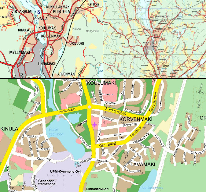 SELOSTUS 3 (15) 1.2 Kaava-alueen sijainti Suunnittelualue sijaitsee Jämsänkosken taajaman keskustassa, Koivutien ja Kenraalintien kulmassa. Kuva 1. Ote kaupungin opaskartasta.