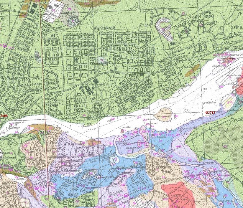 Kuva. Ote maaperäkartasta (Utra). GTK ja MML. Suunnittelualue rajattu punaisella ympyrällä. Kaava-alue on pääosin rakennettua korttelialuetta.