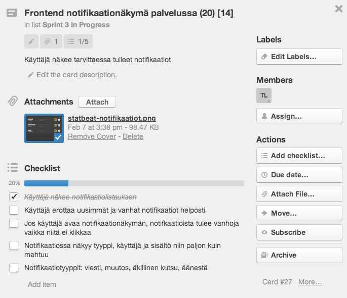 STATUS / muutokset projektissa (2) Kanban -kortteja päivitetty Backlog, Sprint current Plan, Sprint current in progress, Sprint n Done