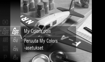 Kuvan sävyn muuttaminen (My Colors) Voit kuvauksen aikana vaihtaa kuvan sävyksi seepian tai mustavalkoisen. My Colors pois Korostettu Neutraali Seepia Mustavalko Valitse My Colors.