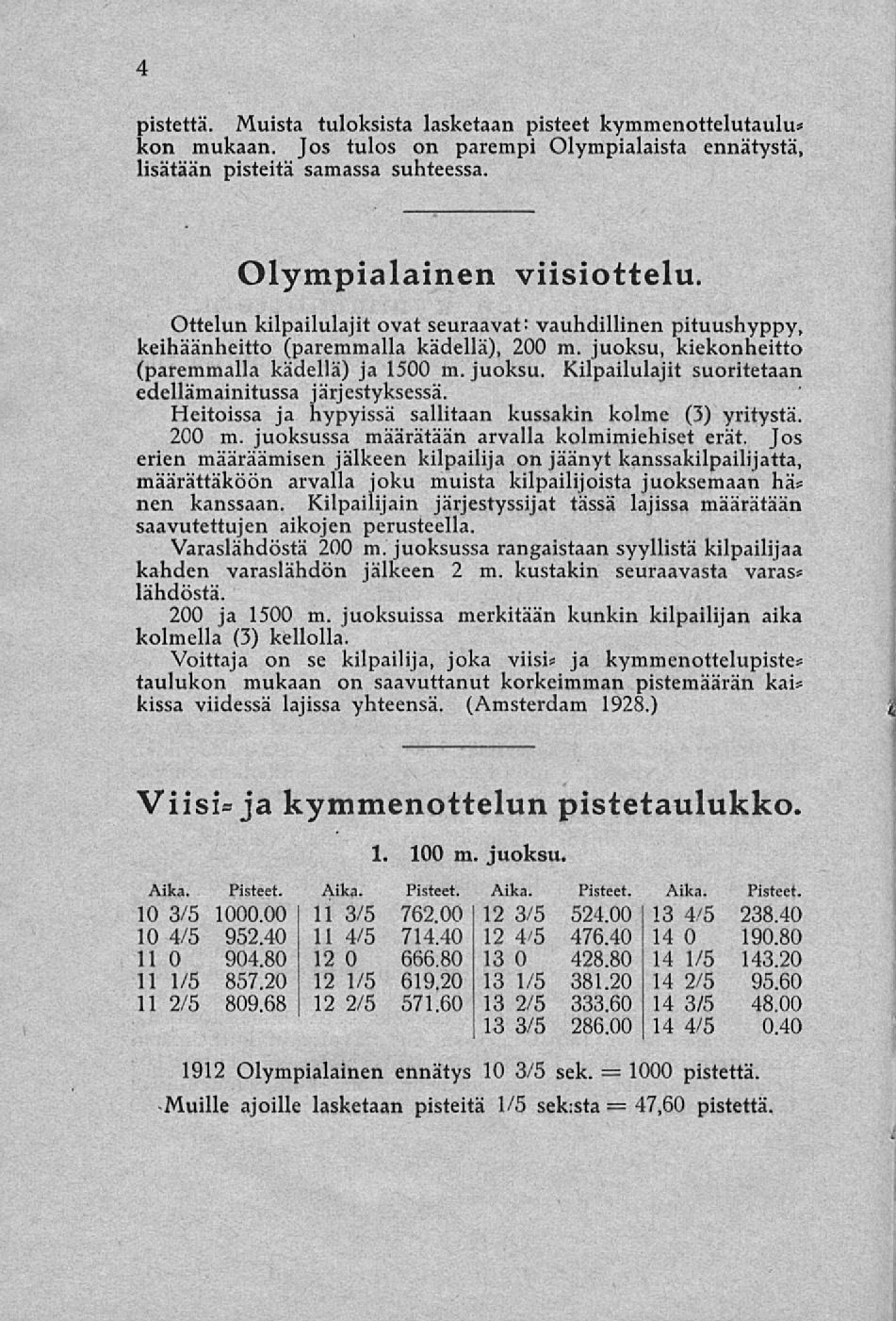 1000 4 pistettä. Muista tuloksista lasketaan pisteet kymmenottelutaulu» kon mukaan. Jos tulos on parempi Olympialaista ennätystä, lisätään pisteitä samassa suhteessa. Olympialainen viisiottelu.