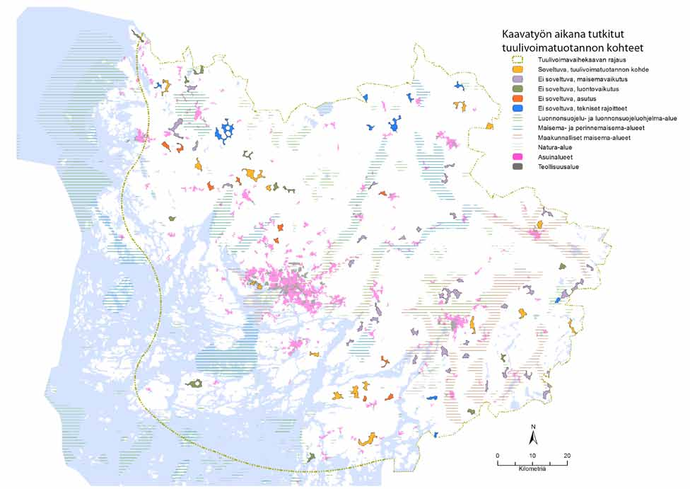 6. Vaihemaakuntakaavan sisältö 6.1 Tutkitut alueet Maakuntakaavoituksessa on keskitytty pääasiassa alueisiin, joille voidaan sijoittaa vähintään 10 suurta teollisen kokoluokan tuulivoimalaa.