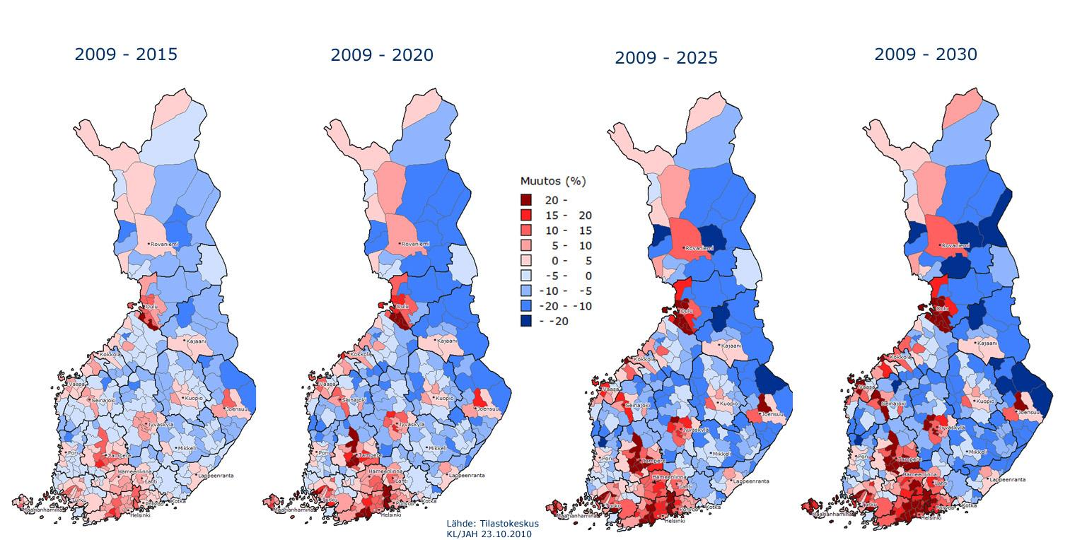 Asukasluvun muutos 2009-2030 kunnittain Lähde: