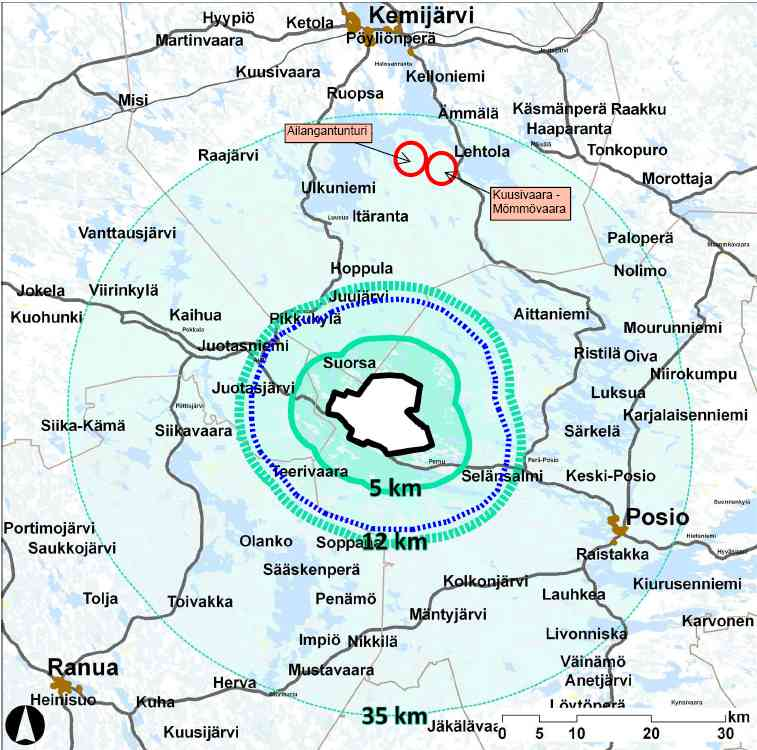 3.7.3 Muut lähiympäristön tuulivoimahankkeet 16UEC0076 Huhtikuussa 2012 35 kilometrin säteellä hankealueesta on kaksi meneillään olevaa tuulivoimapuistohanketta, wpd Finland Oy:n Ailangantunturin
