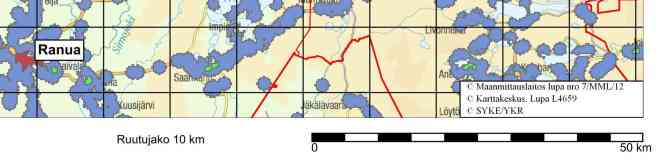 44 Kuva 7-1. Lähialueen YKR:n mukainen yhdyskuntarakenne vuonna 2010. Yksittäinen asuinrakennus aiheuttaa 2250 m halkaisiltaan olevan maaseutuasutusympyrän.