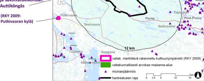 7.2.4 Arvokohteet nykytilassa 16UEC0076 Alueen maiseman ja kulttuuriympäristön arvokohteet on selvitetty olemassa olevista selvityksistä vähintään noin 12 kilometrin etäisyydellä tuulipuistoista