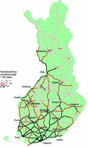 58 Liikenneonnettomuudet yleisillä teillä 2002 KARTAT KARTAT Karttojen onnettomuustiheydet ja asteet on laskettu TARVA-ohjelmalla.