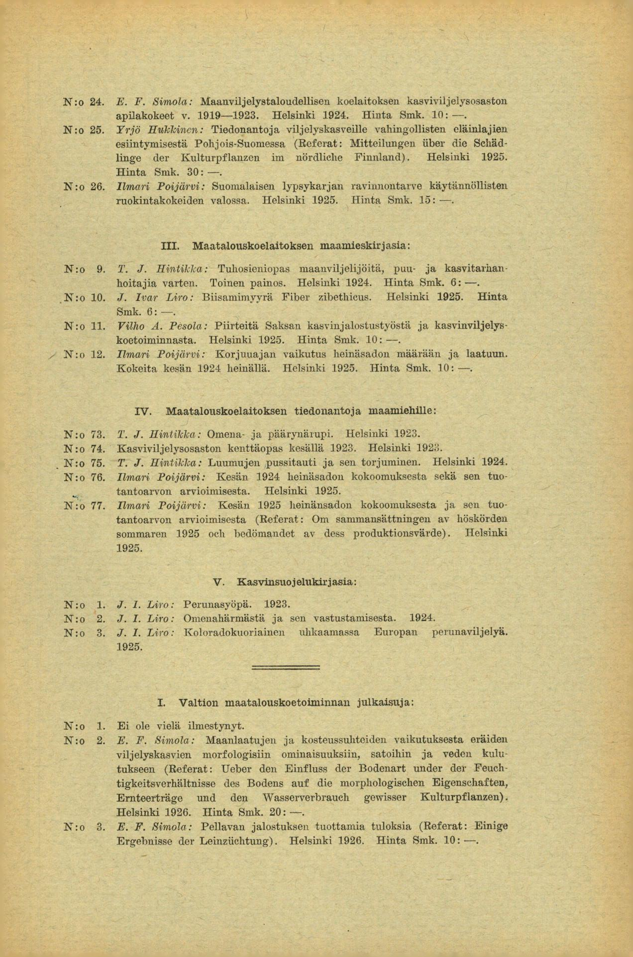 N:o 24. E. F. Simola: Maanviljelystaloudellisen koelaitoksen kasviviljelysosa,ston apilakokeet v. 99923. Helsinki 924. Hinta Smk. 0:. N:o 25.