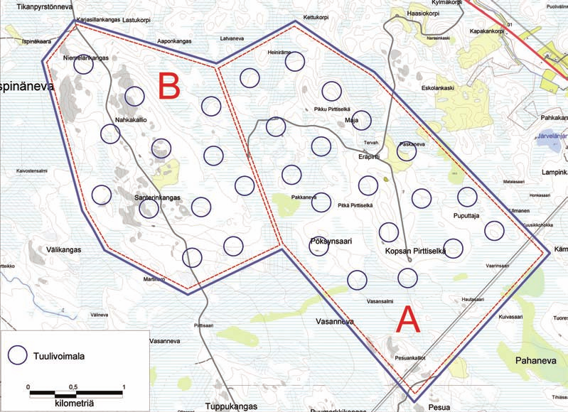 8 YMPÄRISTÖVAIKUTUSTEN ARVIOINTIOHJELMA 14.9.2009 Kanteleen Voima Oy Kuva 5. Kopsan tuulivoimapuiston vaihtoehdot VE 1: alue A, VE 2: alue A + B 4.3 
