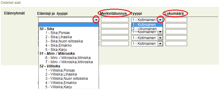 KÄYTTÄJÄN OHJE 34 (40) Seuraavaksi syötetään ostettujen eläinryhmien tiedot. Valintalistalta valitaan eläinlaji ja tyyppi, täytetään sikaryhmän merkintätunnus ( ks.