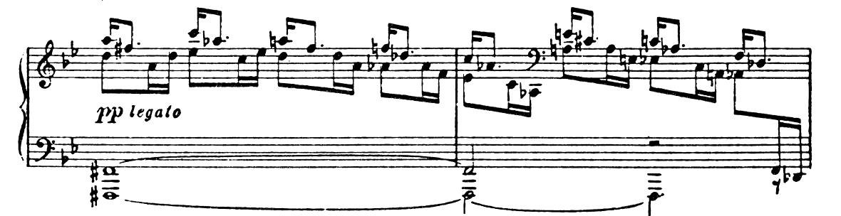 11 Kuvio 1. Ensimmäinen aihe (S. Prokofjev: Pianosonaatti nro 8 op. 84). Kun kolme pääteema-aihetta on käyty läpi, alkaa murtosointujen muodostama transitio (tahti 35, Poco piú animato).