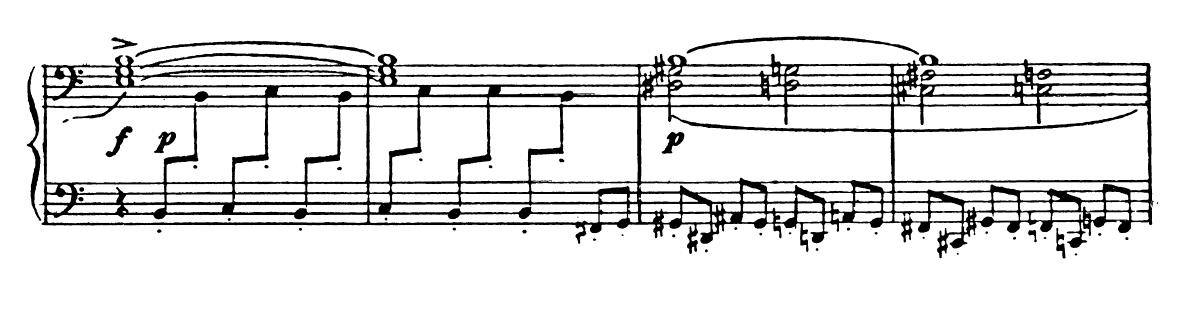 16 Kuvio 8. Kolmannen osan alku (S. Prokofjev: Pianosonaatti nro 8 op. 84). Jo tahdissa 9 esitellään ns. koputus-aihe, joka toistuu läpi koko A-osan.