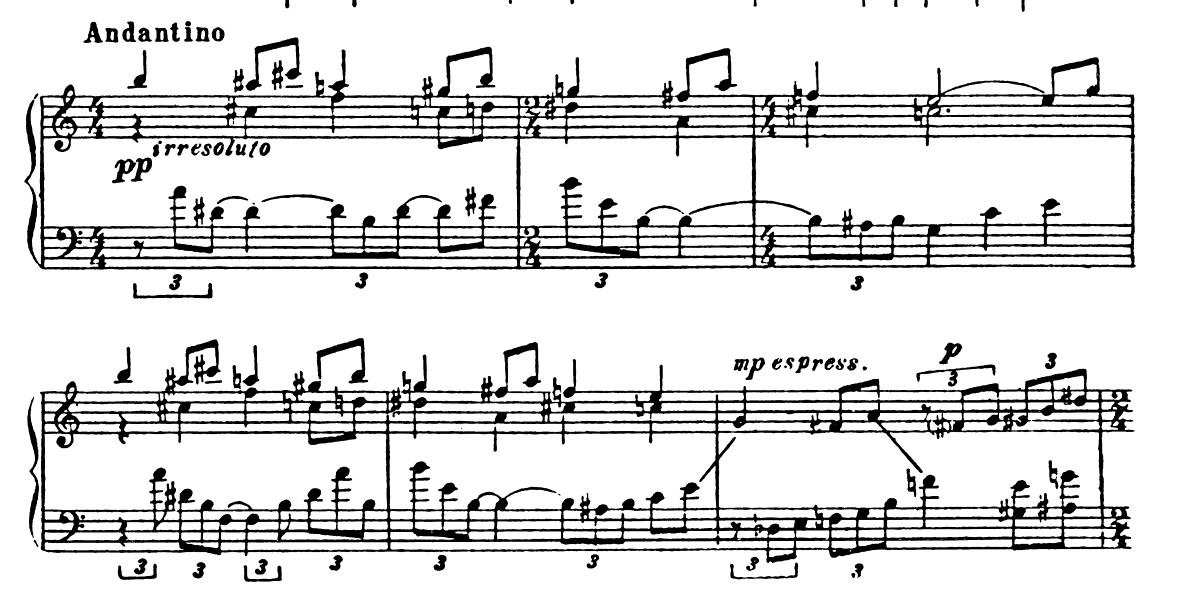 20 Kuvio 15. Andantino, tahdit 343 348 (S. Prokofjev: Pianosonaatti nro 8 op. 84). Yllättäen tahdista 359 (Vivace, come prima) alkaa taas A-osa koputus-aiheella ja kaikki alkaa alusta.