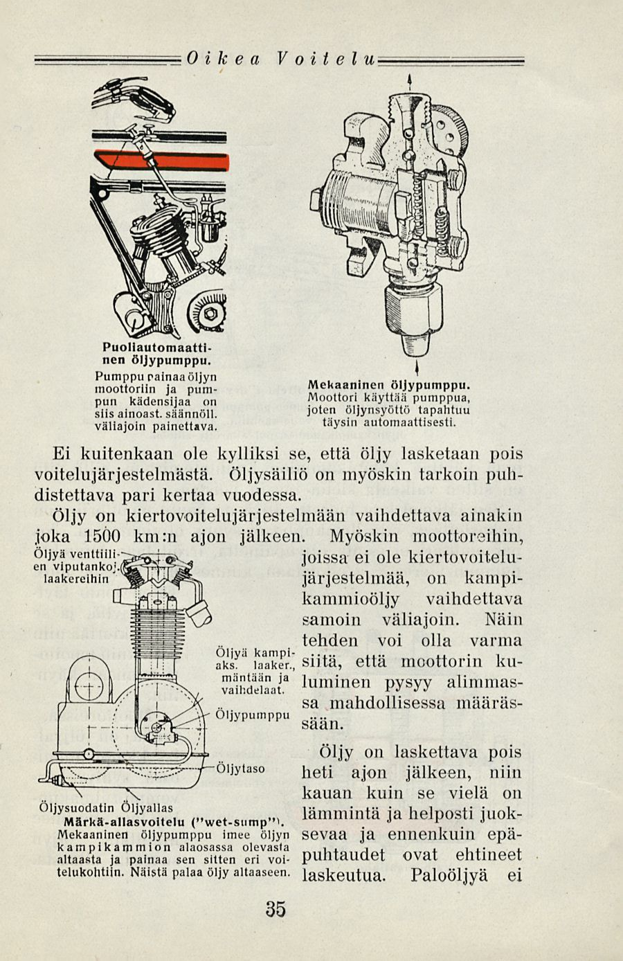 Oikea Voitelu Puoliautomaattinen öljypumppu. Pumppu painaaöljyn moottoriin ja pumpun kädensijaa on siis ainoast. säännöll. väliajoin painettava. Mekaaninen öljypumppu.