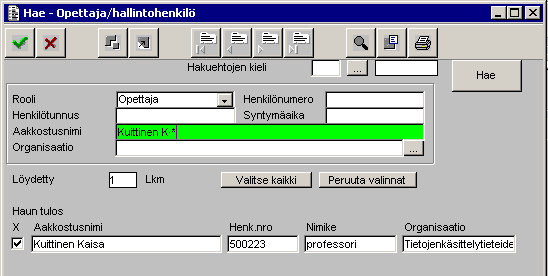 5. Hae Opettaja / hallintohenkilö Ikkunassa Hae - Opettaja/hallintohenkilö voit käyttää hakuehtoina roolia (OY:ssa opettaja tai hallintohenkilö), henkilötunnusta, syntymäaikaa