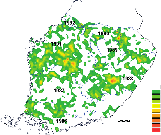 Metsätieteen aikakauskirja 3/2001 Tieteen tori 64 62 60 50 km 20 25 30 Tautisia koealoja/lohko 0 1 2 3 4 5 6 7 8 9 Kuva 2. Versosurman esiintyminen Etelä-Suomessa 8. VMI:n mukaan 1986 1992.