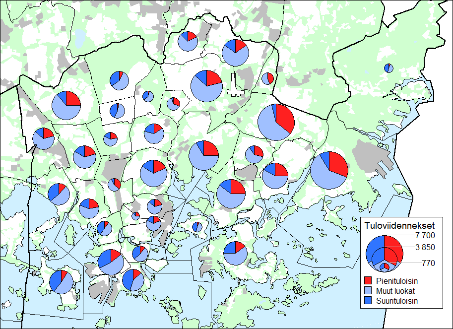 Helsingin kaupunki Pöytäkirja 22/2016 324 (340) Sj/3 Kartta 1: Alle 18-vuotiaiden määrä tuloluokittain ja peruspiireittäin 2013 Kartasta 1 nähdään, kuinka pienituloisuus keskittyy erityisesti