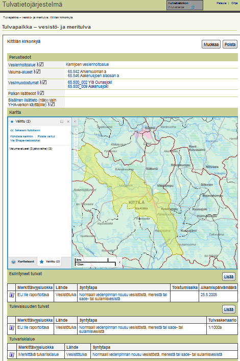 N Karkean sijainnin tulvatietolajien (esiintyneet tulvat ja tulevaisuuden tulvat) esittäminen kartalla. Tällä hetkellä nämä on esitetty kartalla vain ko. tulvapaikan yhteydessä, vrt. kuva.