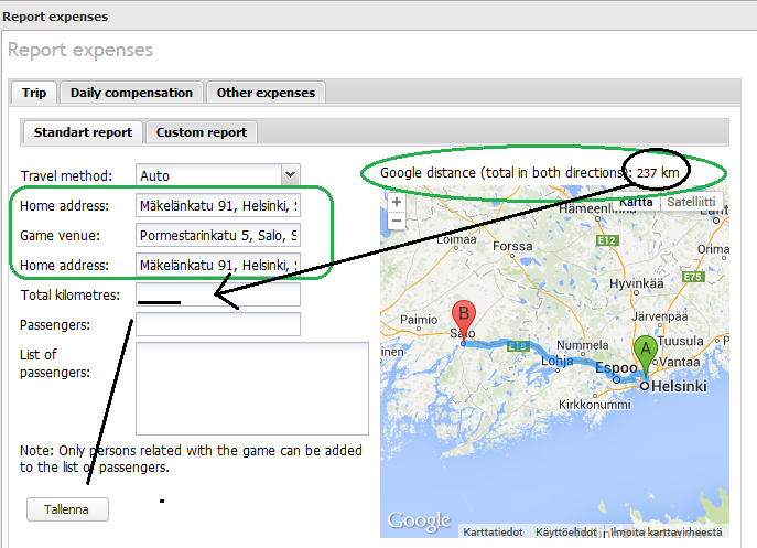 VALITSE PERUS MATKALASKU - KILOMETRIEN RAPORTOINTI Järjestelmä antaa valmiina matka kotiosoitteesta pelipaikalle ja takaisin, google maps näyttää