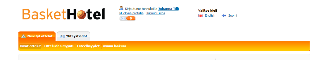 BASKET HOTELLIN KÄYTTÖOHJEET: Basket Hotellin tärkeimmät ominaisuudet ovat: Otteluvalikko, josta erotuomari näkee omat ottelunsa, Otteluiden myynti, eli ns.