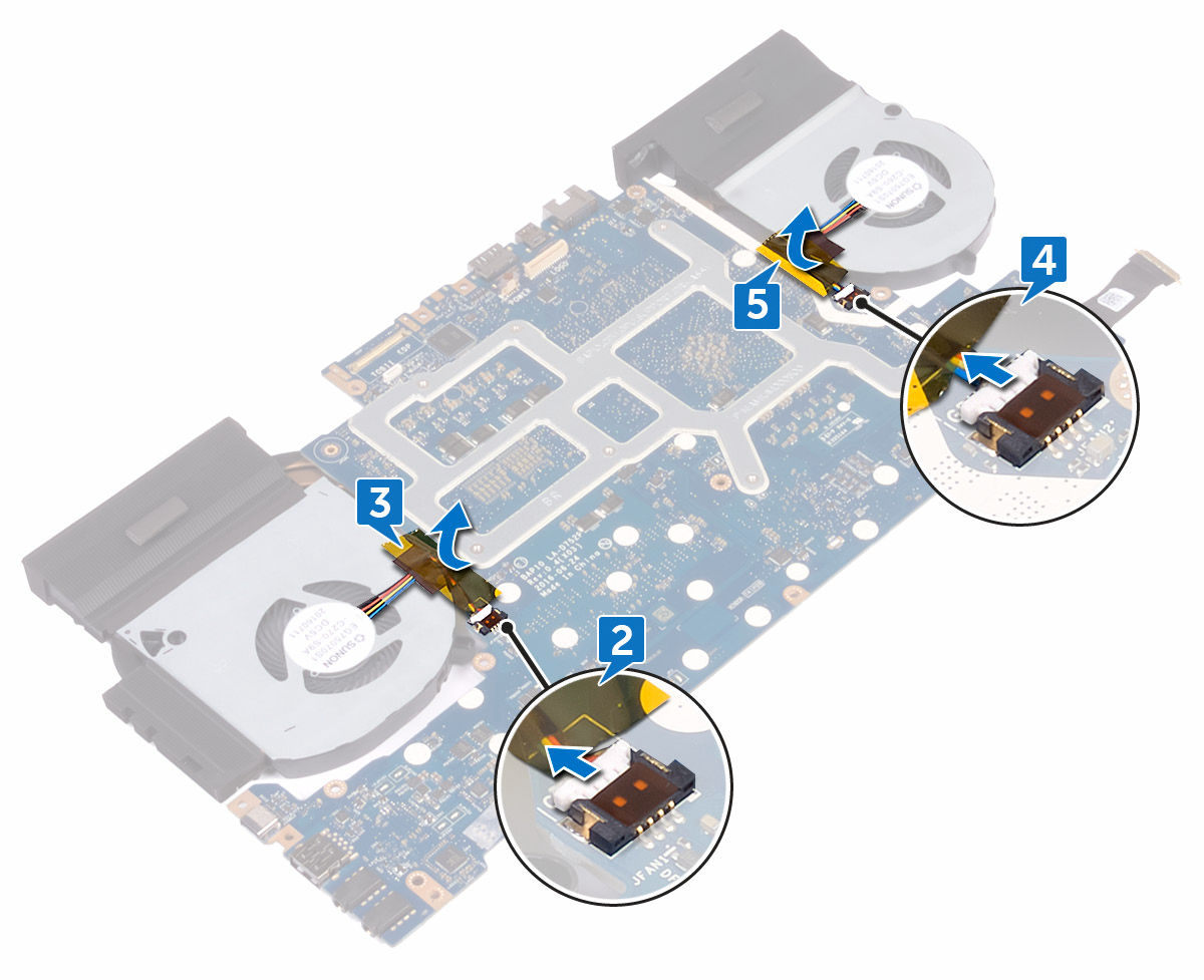 4 Irrota tuulettimen kaapeli emolevystä. 5 Irrota teippi, jolla tuulettimen kaapeli kiinnittyy emolevyyn.