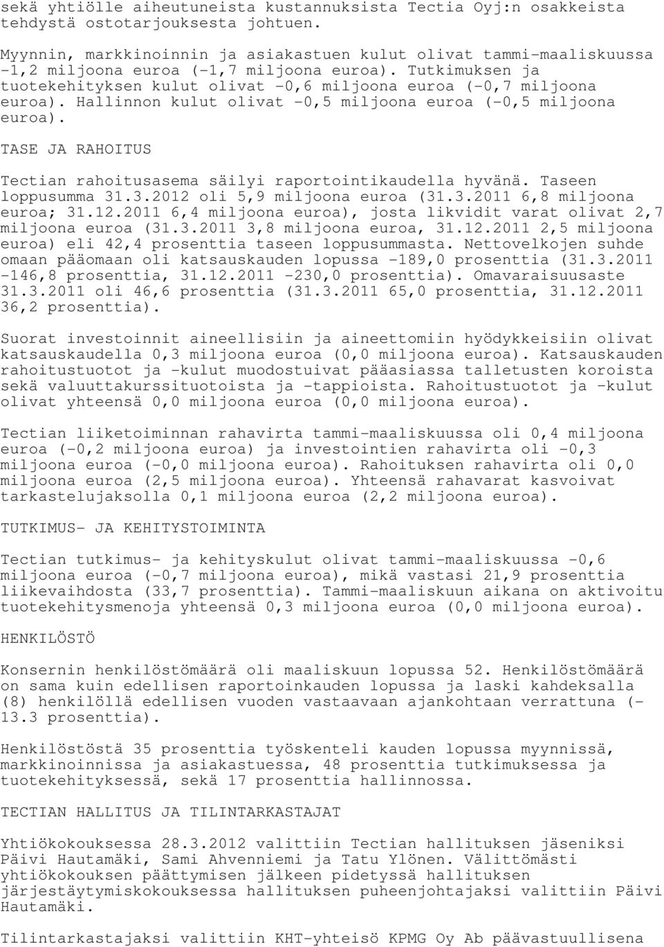 Hallinnon kulut olivat -0,5 miljoona euroa (-0,5 miljoona euroa). TASE JA RAHOITUS Tectian rahoitusasema säilyi raportointikaudella hyvänä. Taseen loppusumma 31.3.2012 oli 5,9 miljoona euroa (31.3. 6,8 miljoona euroa; 31.
