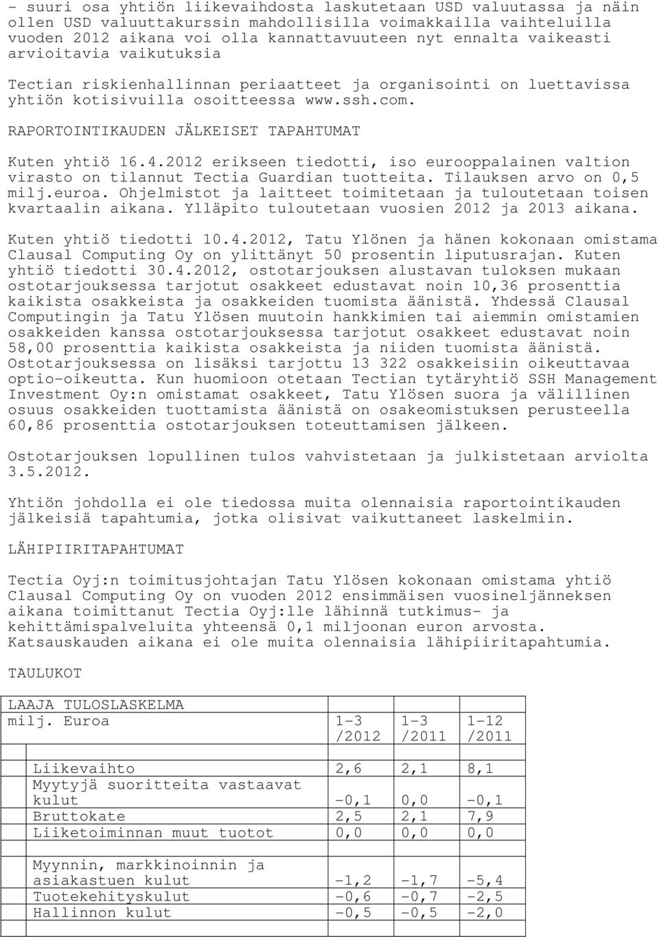 RAPORTOINTIKAUDEN JÄLKEISET TAPAHTUMAT Kuten yhtiö 16.4.2012 erikseen tiedotti, iso eurooppalainen valtion virasto on tilannut Tectia Guardian tuotteita. Tilauksen arvo on 0,5 milj.euroa.