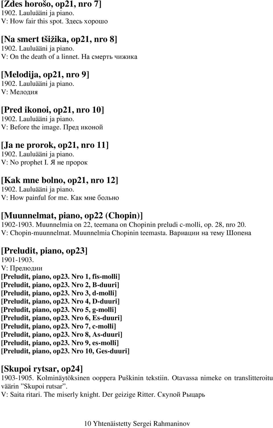 Lauluääni ja piano. V: No prophet I. Я не пророк [Kak mne bolno, op21, nro 12] 1902. Lauluääni ja piano. V: How painful for me. Как мне больно [Muunnelmat, piano, op22 (Chopin)] 1902-1903.
