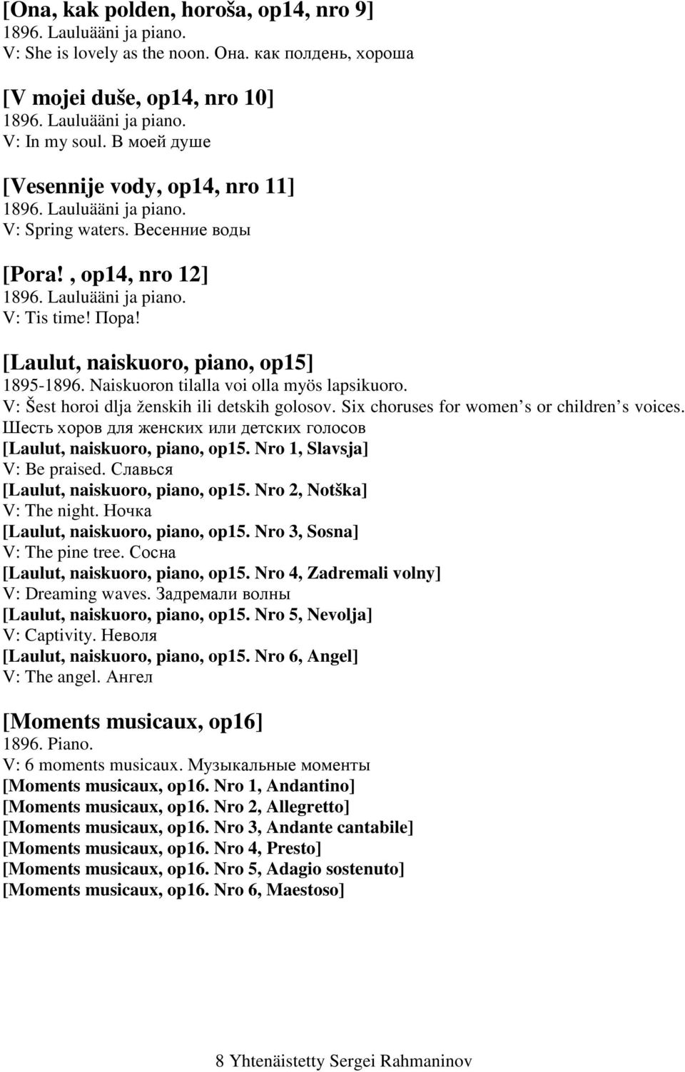 [Laulut, naiskuoro, piano, op15] 1895-1896. Naiskuoron tilalla voi olla myös lapsikuoro. V: Šest horoi dlja ñenskih ili detskih golosov. Six choruses for women s or children s voices.