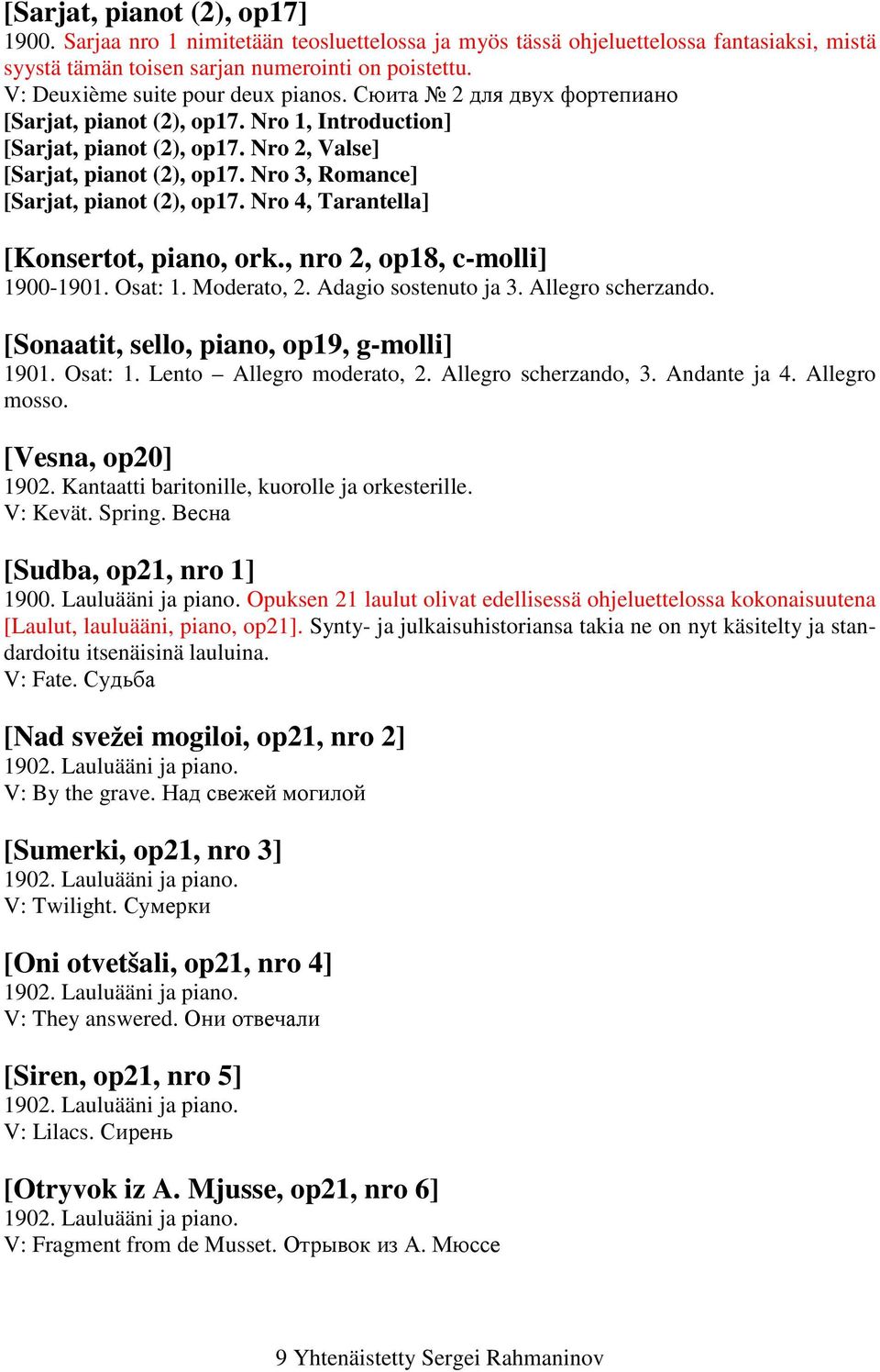 Nro 3, Romance] [Sarjat, pianot (2), op17. Nro 4, Tarantella] [Konsertot, piano, ork., nro 2, op18, c-molli] 1900-1901. Osat: 1. Moderato, 2. Adagio sostenuto ja 3. Allegro scherzando.