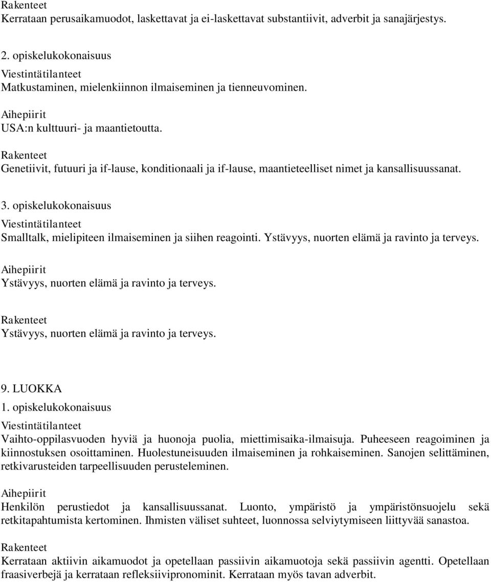 opiskelukokonaisuus Smalltalk, mielipiteen ilmaiseminen ja siihen reagointi. Ystävyys, nuorten elämä ja ravinto ja terveys. Ystävyys, nuorten elämä ja ravinto ja terveys. Ystävyys, nuorten elämä ja ravinto ja terveys. 9.