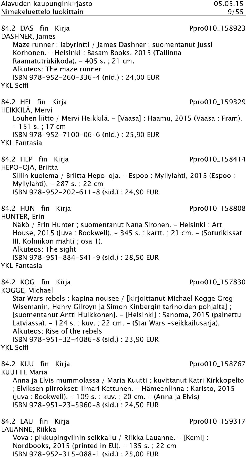2 HEI fin Kirja Ppro010_159329 HEIKKILÄ, Mervi Louhen liitto / Mervi Heikkilä. - [Vaasa] : Haamu, 2015 (Vaasa : Fram). - 151 s. ; 17 cm ISBN 978-952-7100-06-6 (nid.) : 25,90 EUR YKL Fantasia 84.