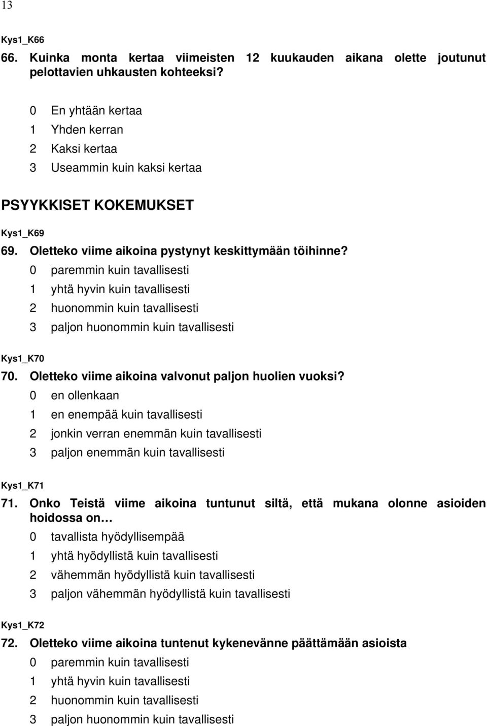 0 paremmin kuin tavallisesti 1 yhtä hyvin kuin tavallisesti 2 huonommin kuin tavallisesti 3 paljon huonommin kuin tavallisesti Kys1_K70 70. Oletteko viime aikoina valvonut paljon huolien vuoksi?