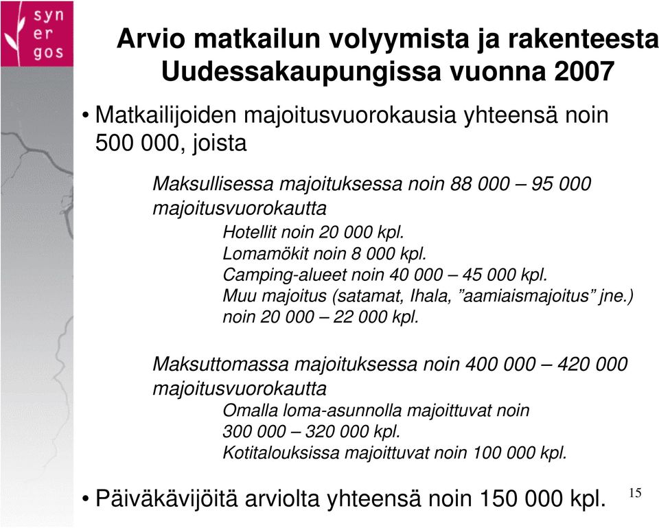 Camping-alueet noin 40 000 45 000 kpl. Muu majoitus (satamat, Ihala, aamiaismajoitus jne.) noin 20 000 22 000 kpl.