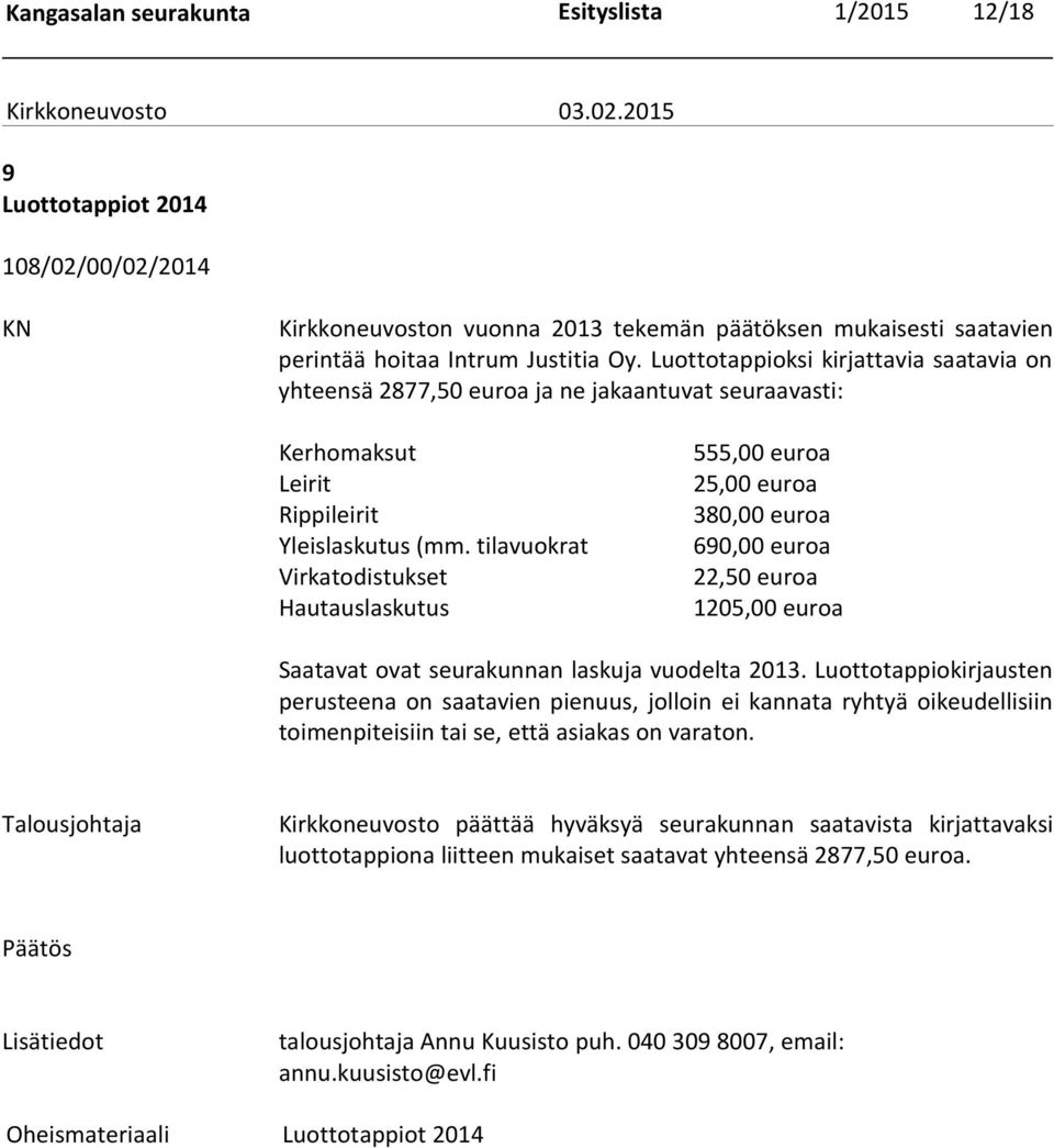 tilavuokrat Virkatodistukset Hautauslaskutus 555,00 euroa 25,00 euroa 380,00 euroa 690,00 euroa 22,50 euroa 1205,00 euroa Saatavat ovat seurakunnan laskuja vuodelta 2013.